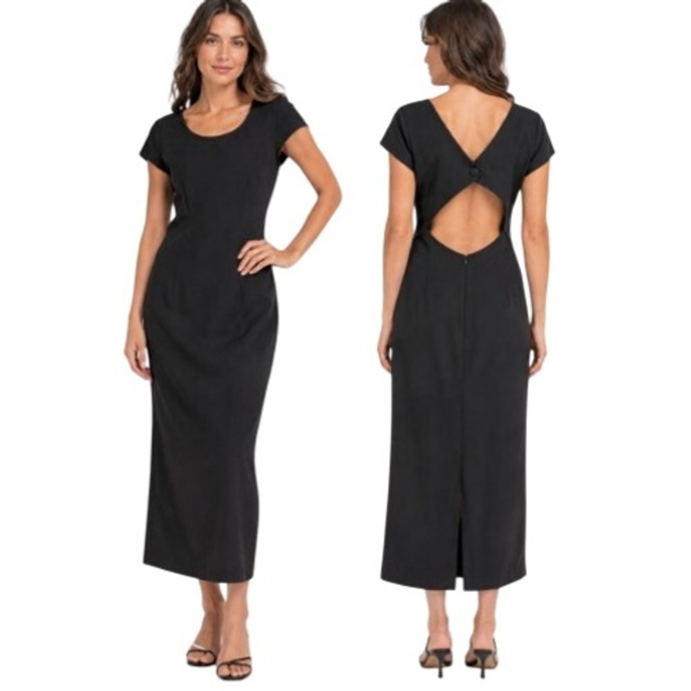 Vintage Kamisato Midi Dress 10 Black Short Sleeve Open Back LBD Evening USA